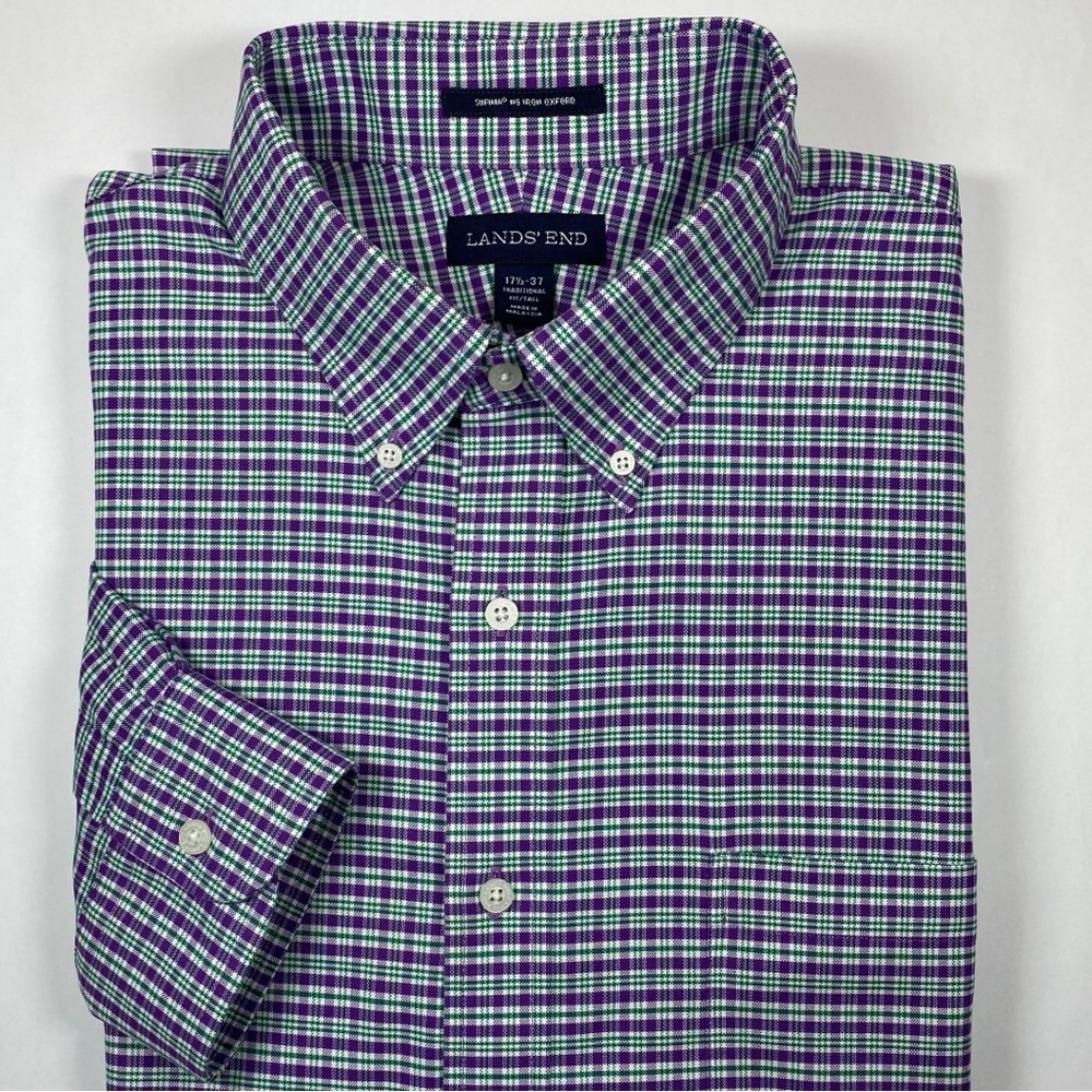 Lands End No Iron Shirt Green Purple Oxford Long Sleeve XL Tall 17.5/37